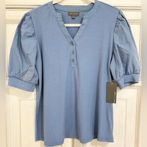 NWT SZ L East of June Blue Puff Sleeve Top